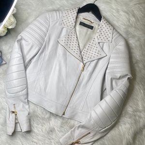 Versace White Leather Jacket  Gold Embellishment Motto Jacket Perfect Si…